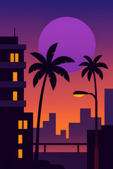 Twilight Cityscape with Power Lines and Sunset Glow &ndash; Flat Vector Urban Art