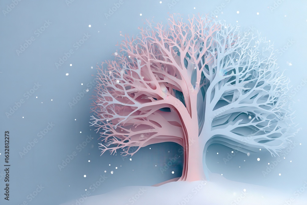 Poster beautiful artistic tree with intricate branches on soft blue background