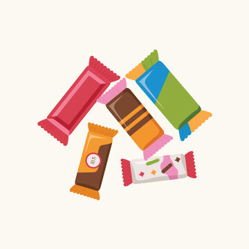 Assortment of colorful candy bars and snack bars