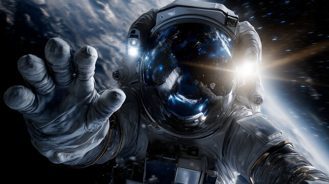 Ultra-detailed astronaut in orbit, space suit reflecting Earth and sunlight, hand extended as if reaching for connection, surrounded by stars and soft lens flares hyperrealistic sp