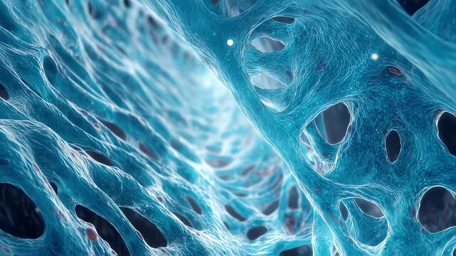 Crosssectional health animation depicting vascular permeability increase and plasma flooding interstitial spaces emphasizing translucent aqua fluid buildup in body layers.