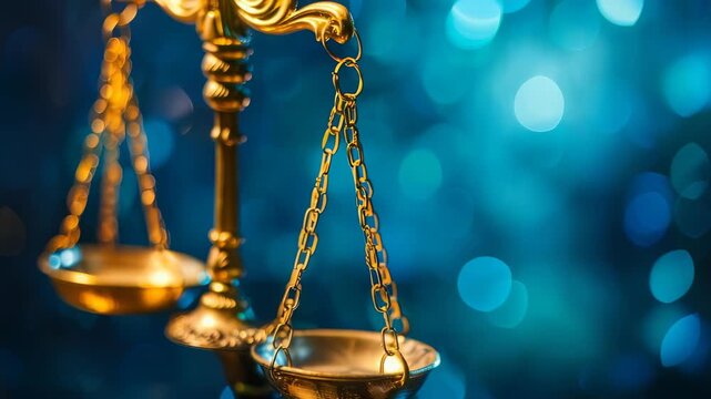 Close-up golden scales, signifying legal justice. scales are set against blue blurred background, creating bokeh effect, enhancing visual appeal.