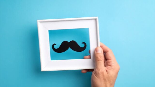 Hand holding white frame with mustache on blue