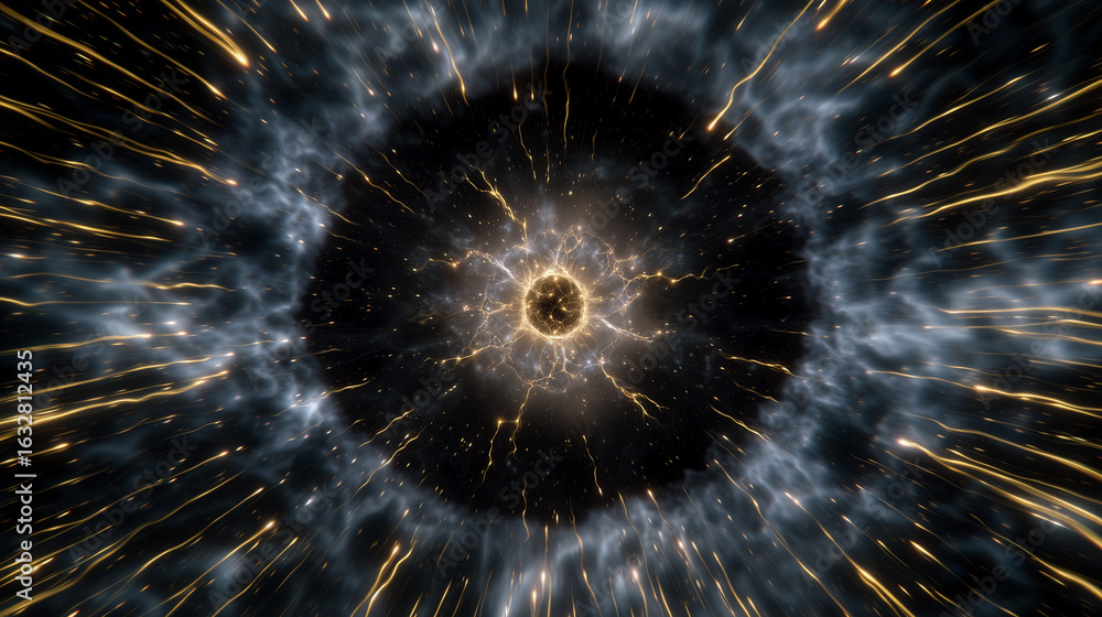 Poster futuristic plasma energy core exploding with golden filaments, sci-fi power source with cinematic li