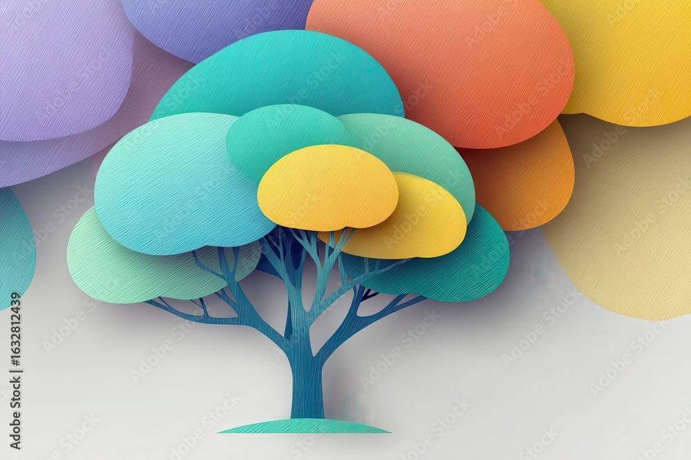 Poster colorful abstract tree design with paper cut style background elements