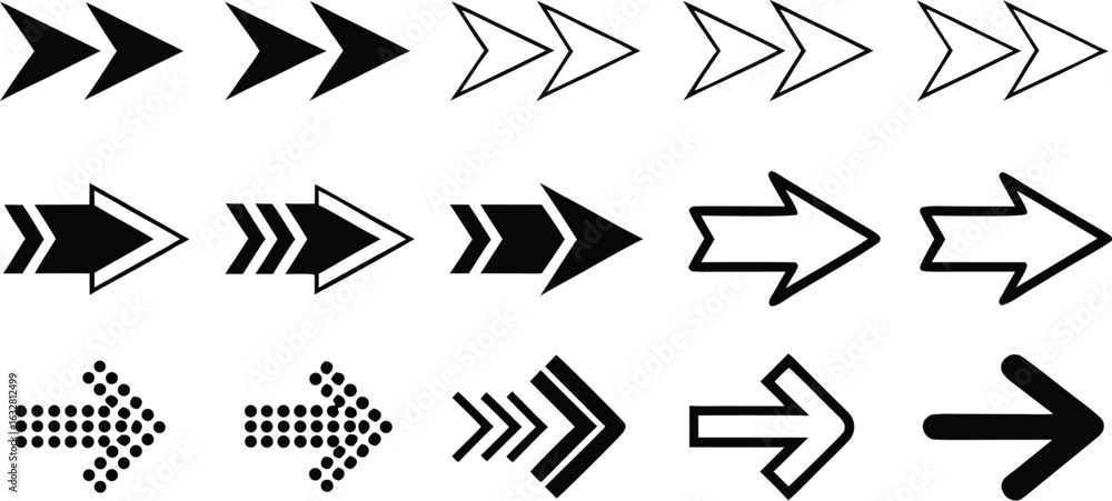 Poster diverse collection of arrow icons representing navigation direction and forward movement in black an