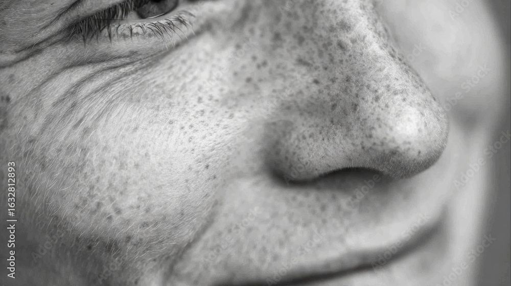 Poster close-up view of smiling face showing natural skin texture and freckles in monochrome tones