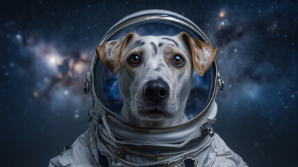 Portrait of a brave dog standing upright in a vintage astronaut suit, galaxy reflection in helmet glass and distant celestial bodies surrounding retro astronaut dog, space suit pet