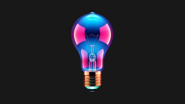 Isolated light bulb glowing with blue and pink neon lights on a dark background