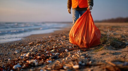Volunteer collecting trash on a serene sandy beach at dawn, promoting environmental awareness and community action