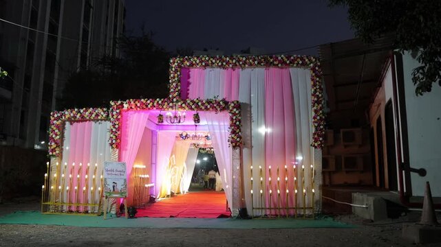Elegant Wedding Venue Decor with Floral Arrangements and Ambient Lighting