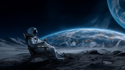 Astronaut lounging in a chair on the Moon, sipping a beverage and gazing at Earth&acirc;s glowing curve on the horizon, serene and surreal space tourism scene lunar relaxation, astronaut