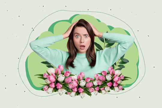 Creative full artwork collage of happy girl receive tulips bloom bouquet celebration international day summer leisure park