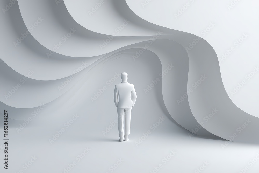 Poster white figure in minimalist setting with flowing paper design
