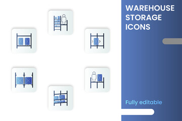 Warehouse Storage Icons Depicting Racks Boxes And Inventory Management Operations