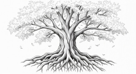 Large tree with roots and leaves, pencil drawing on white background