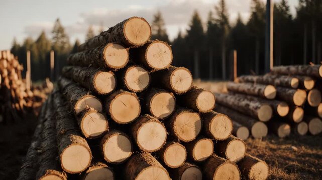 Piles of freshly cut logs stacked at a forestry operation in a forest environment