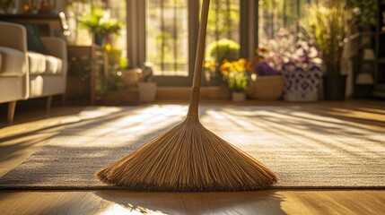 A close up image of a broom on a wooden floor