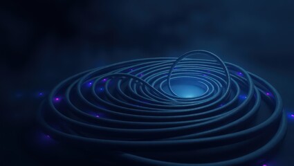 A dark and moody abstract rendering featuring concentric circles with glowing purple and blue lights around them