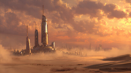 Futuristic city emerging from desert sand at sunset