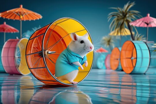 Hamster in a colorful wheel wearing a surf shirt enjoys a sunny day by the poolside among vibrant umbrellas