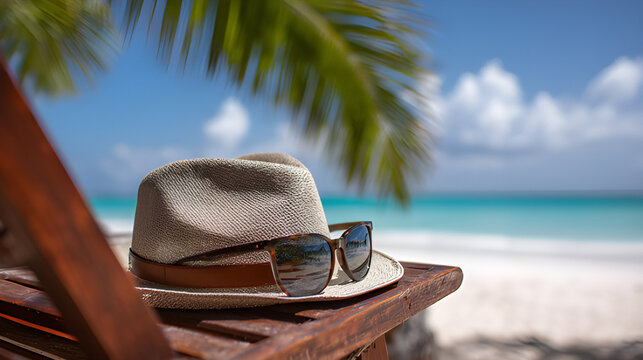 Straw hat and sunglasses on beach tropical paradise. Straw hat and sunglasses on a sandy beach Summer vacation waterback