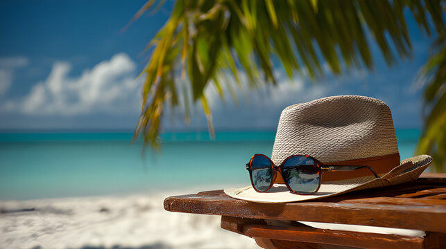 Straw hat and sunglasses on beach tropical paradise. Straw hat and sunglasses on a sandy beach Summer vacation waterback