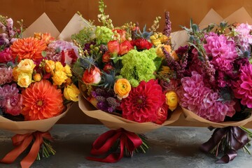 Colorful flower bouquets arranged for the celebration of the first bell, symbolizing joy and new beginnings during the school year