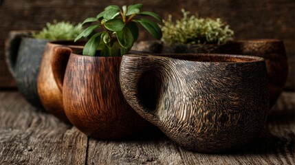 Hand-carved wooden kakas cups on rustic table, inspired by Scandinavian design tradition
