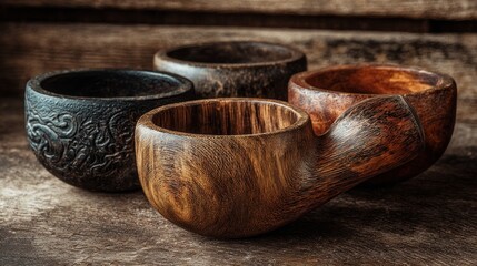 Hand-carved wooden kakas cups on rustic table, inspired by Scandinavian design tradition