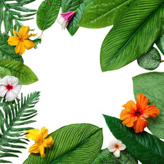 Fototapeta premium Tropical floral frame with vibrant flowers and lush leaves surrounding a black center