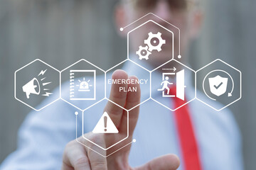 Concept of emergency response plan. Business person using virtual touch screen push the...