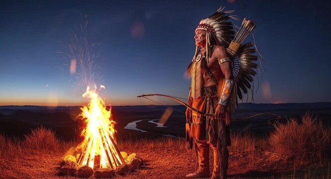 Indian tribe man standing beside a glowing bonfire in traditional attire at night
Seamless looping, virtual video animation background. Generated AI	