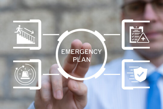Business person using virtual touch screen push the inscription: EMERGENCY PLAN. Concept of emergency response plan. Learn and prepare in emergency situation. Emergency Preparedness Training.