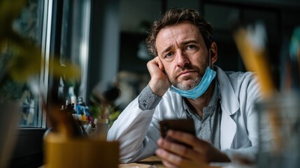 Doctor reflects in quiet hospital space, weary eyes and face mask gently pulling down amidst warm sunlight