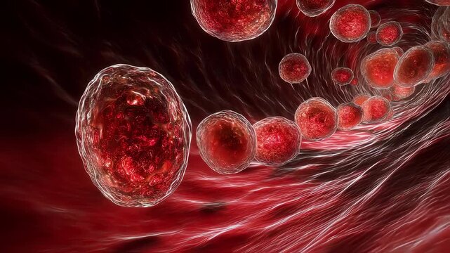 Dynamic cellular flow simulation highlighting the impaired passage of hereditary spherocytosisaffected red cells through spleen filters bathed in intense crimson tones.