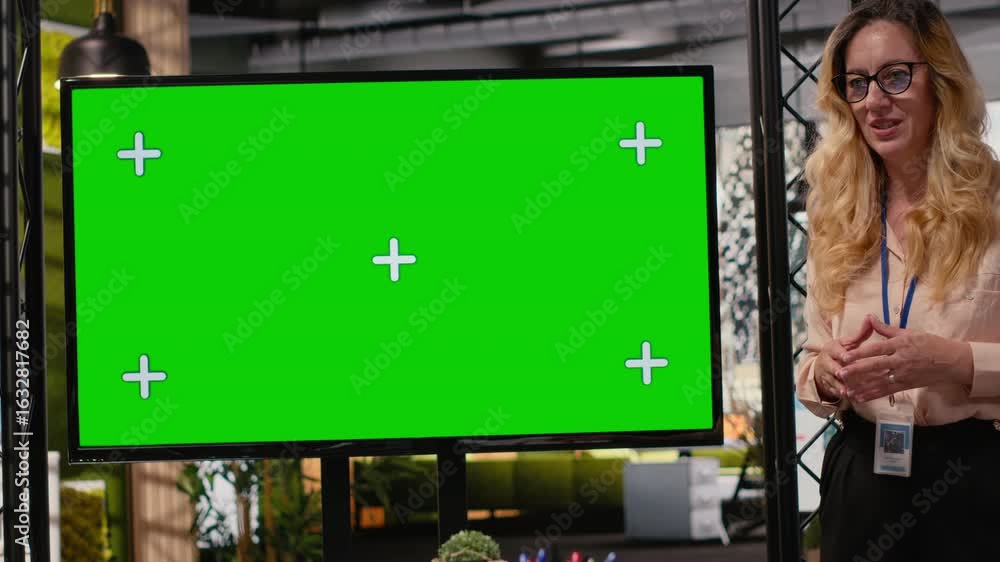 Aufkleber ambitious business partners aligning strategy in front of a chroma key screen in modern workspace, r