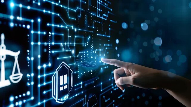 Individual interacts with futuristic interface displaying scales justice, property symbols within digital circuit, conveying integration technology into legal practices, property law.