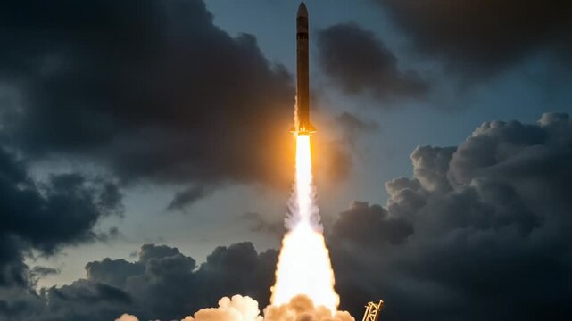 Rocket Launching into Dramatic Cloudy Sky at Dusk (1)