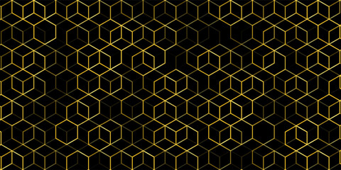 Luxury hexagonal abstract black metal background with golden light lines. Dark 3d geometric texture illustration. Bright grid pattern