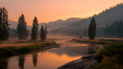 Fototapeta premium Sunrise illuminating foggy river and pine trees in yellowstone national park