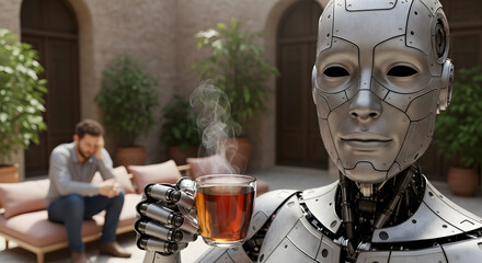 A humanoid with visible metal joints and smooth titanium skin offers a steaming cup of tea to a tired human in a sunlit courtyard filled with hanging plants and soft cushions.