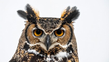 Fototapeta premium スタジオの白背景で鮮明に捉えたアメリカワシミミズクの顔と特徴的な耳房毛の迫力あるクローズアップ