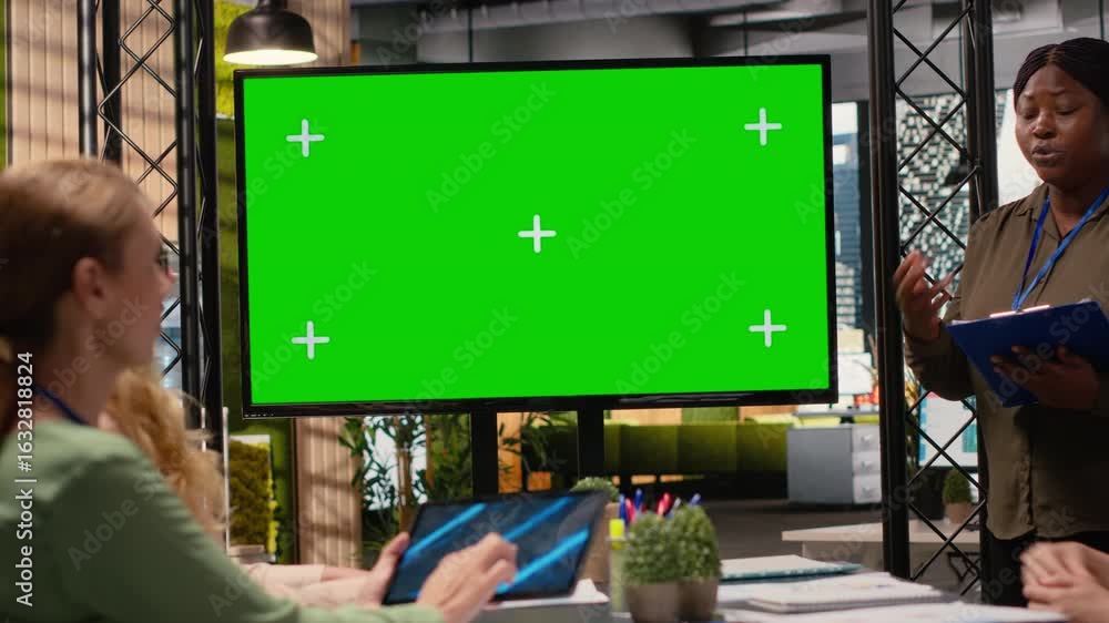 Poster goals oriented businesswomen work around a mockup tv monitor with papers, empowered by data and dete