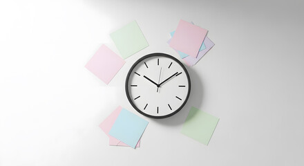 Overhead shot of a simple modern office clock and pastel sticky notes on a plain white surface. 