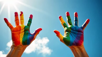 lgbt, pride celebration, rainbow symbolism. Inclusion diversity. Painted hands express unity. Colors symbolize diverse identities. Freedom movements amplify voices. - Powered by Adobe