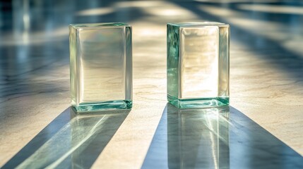 Two clear glass blocks casting dramatic shadows in the sunlight