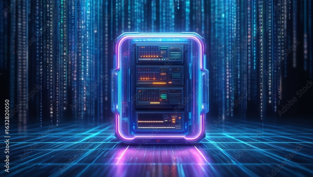 Poster data center server rack illustration with digital binary code and neon glow effect