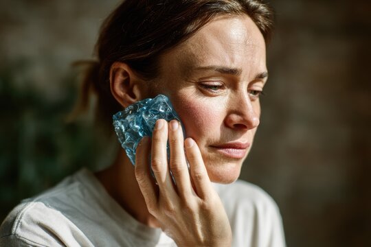 Warm indoor setting with a woman using a cold gel compress to soothe her cheek discomfort