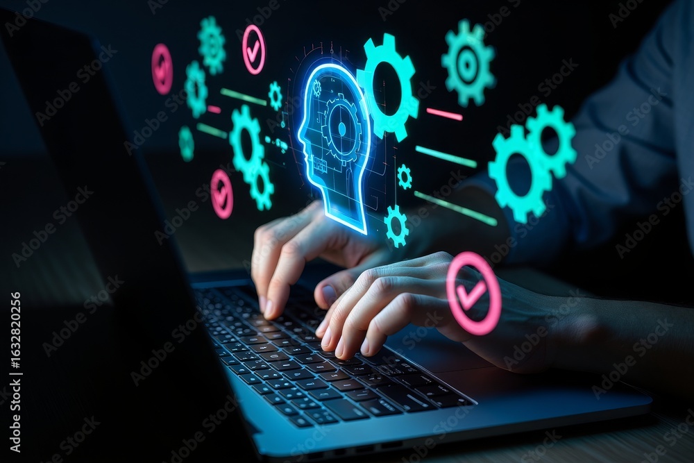 Aufkleber artificial intelligence ai machine learning concept with digital brain on laptop